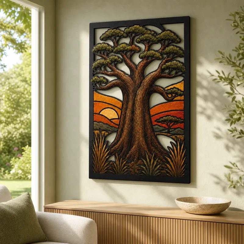 African Baobab Tree of Life at Sunrise Colorful Metal Wall Art