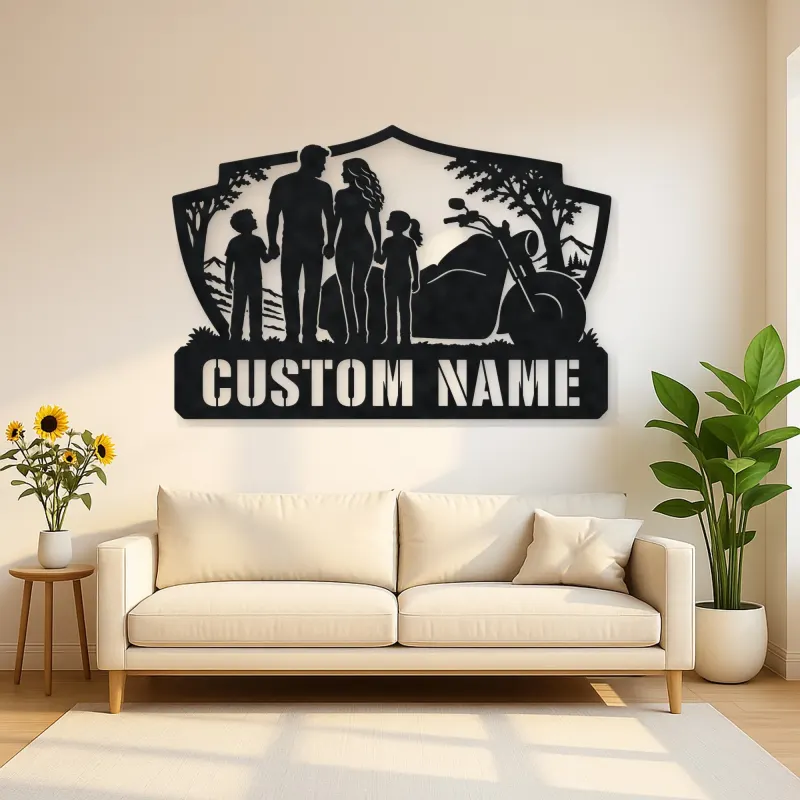 Personalized Family of Four Motorcycle Landscape Metal Wall Art