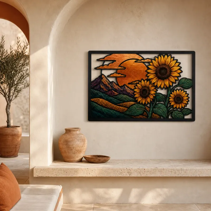 Sunflowers with Mountain Landscape at Sunset Colorful Metal Wall Art
