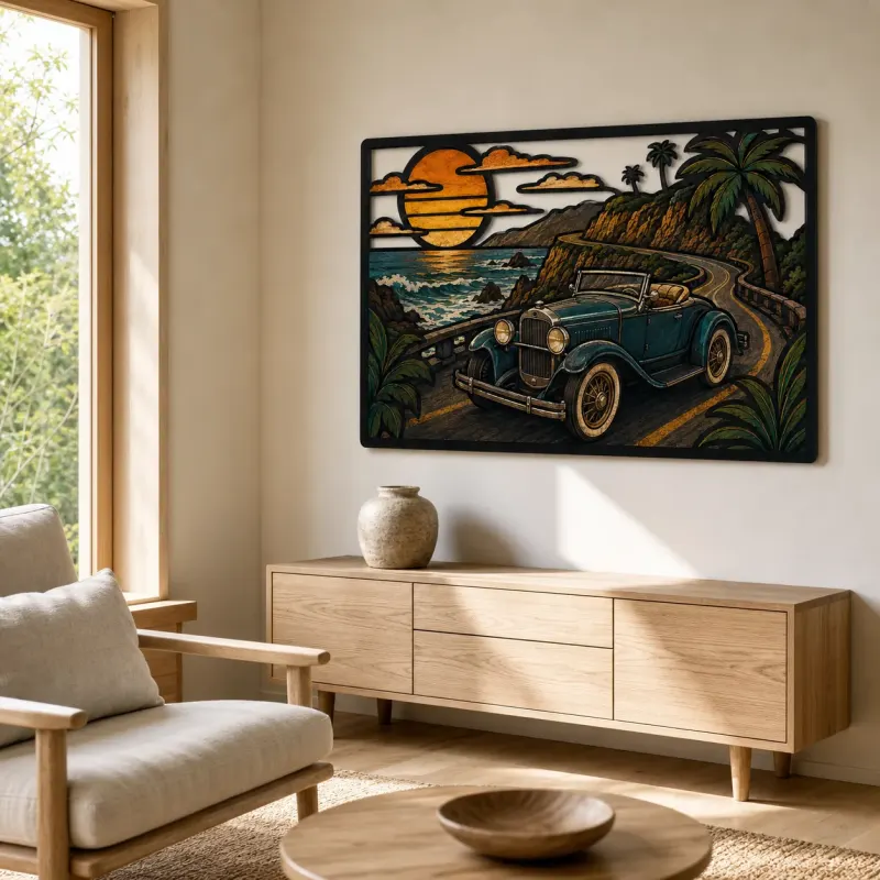 Vintage Roadster on Tropical Coastal Road Colorful Metal Wall Art