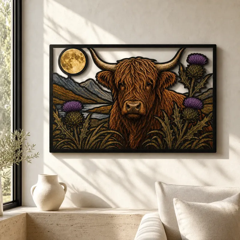Highland Cow with Scottish Thistles and Full Moon Colorful Metal Wall Art