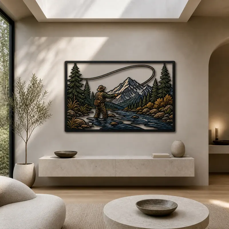 Fly Fisherman Casting in Mountain River Colorful Metal Wall Art