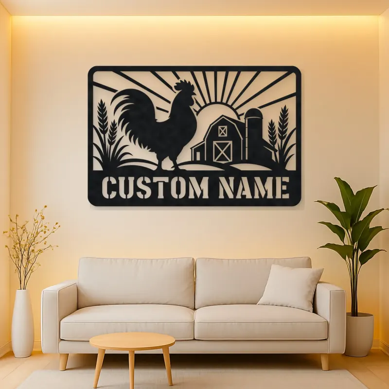 Personalized Rooster Farm Metal Wall Art with Barn Scene