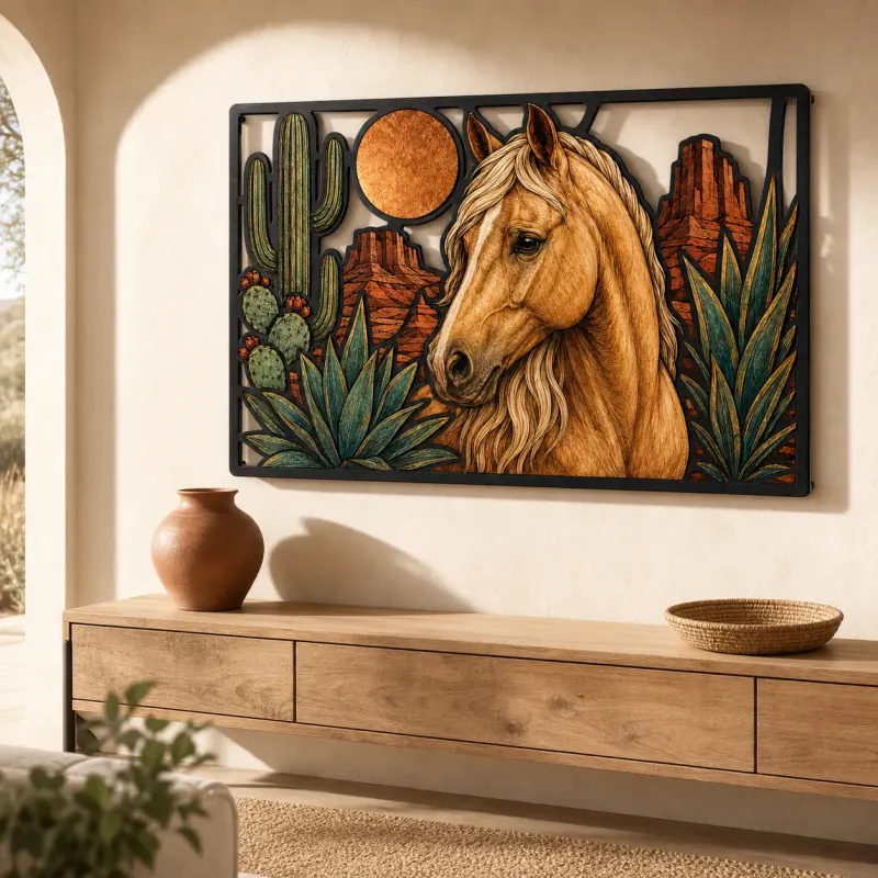 Palomino Horse with Cactus and Desert Moon Colorful Metal Wall Art
