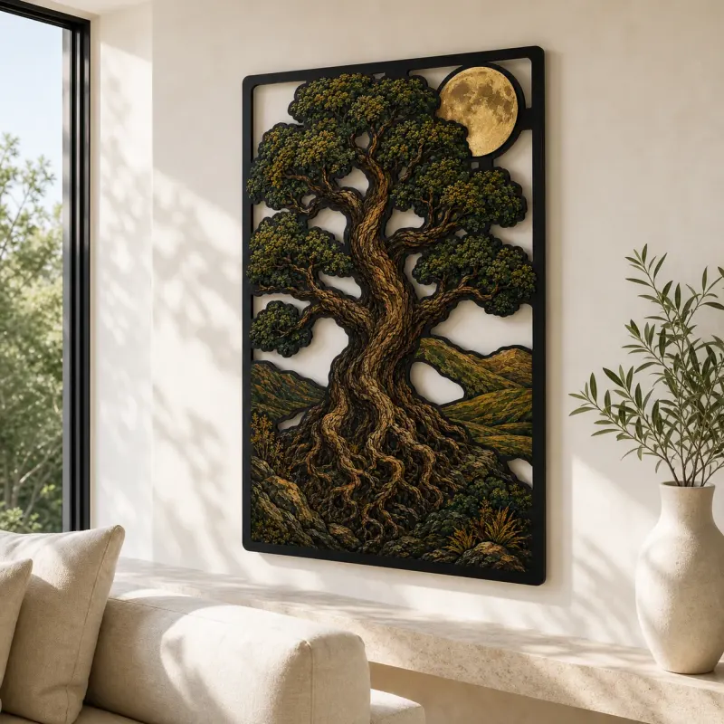 Ancient Oak Tree of Life beneath Full Moon Colorful Metal Wall Art