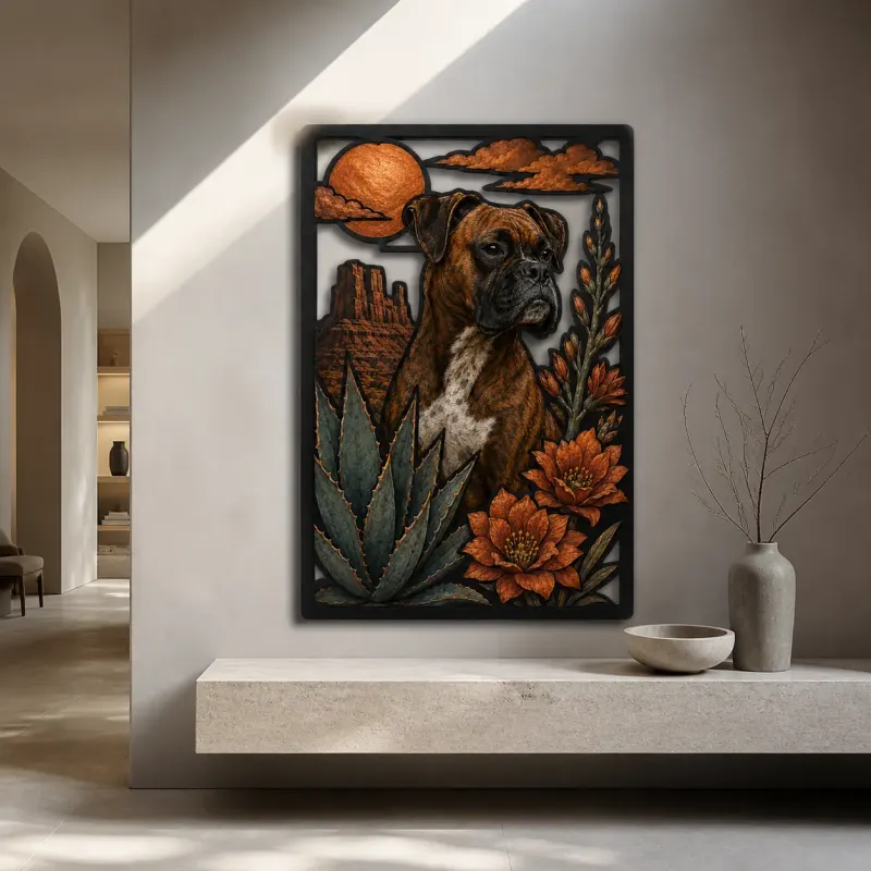 Boxer Dog with Desert Agave and Sunset Colorful Metal Wall Art
