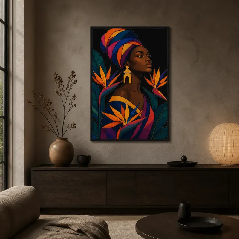 Afro Woman in Colorful Headwrap with Bird of Paradise Metal Wall Art