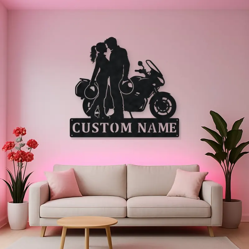 Personalized Helmet Couple and Touring Motorcycle Metal Wall Art