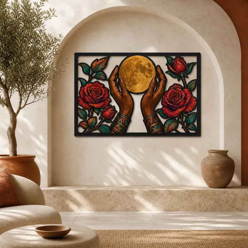 Hands Holding Full Moon between Red Roses Colorful Metal Wall Art