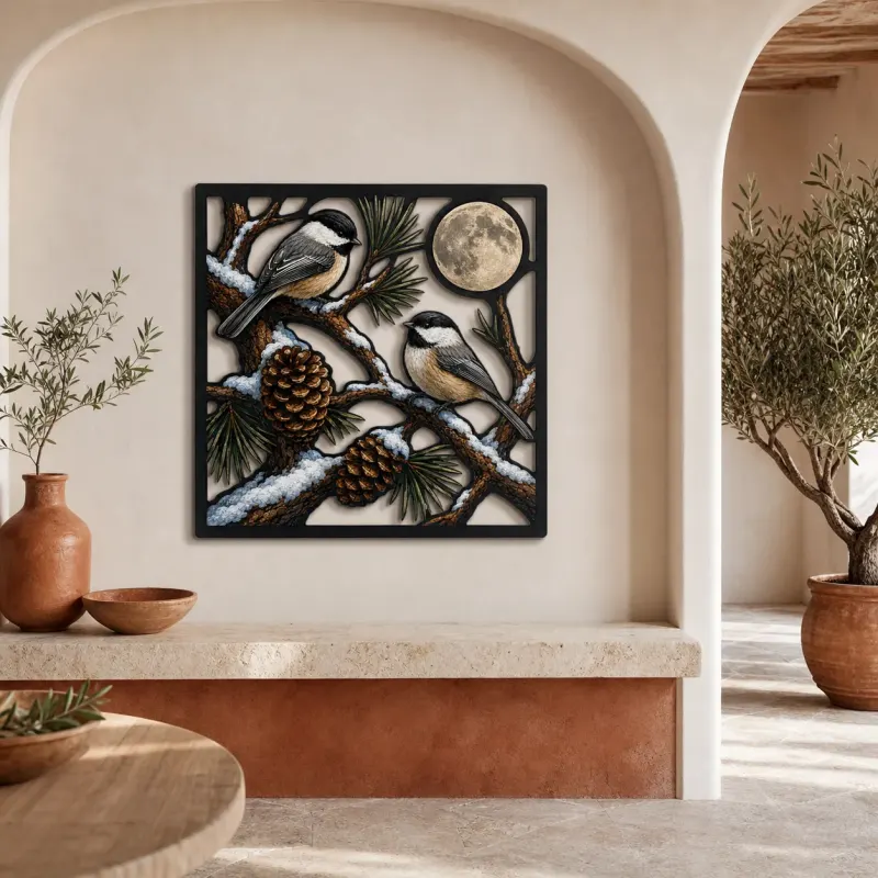 Chickadee Pair on Snowy Pine beneath Full Moon Colorful Metal Wall Art