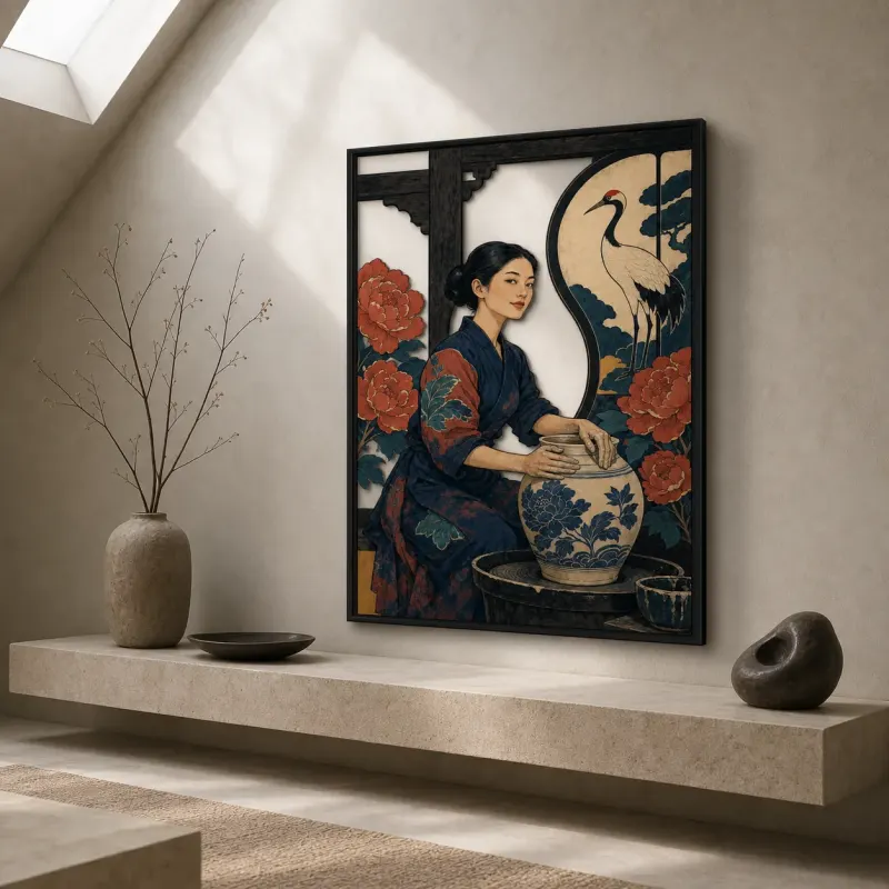 Japanese Potter with Crane Flowers and Moon Colorful Metal Wall Art