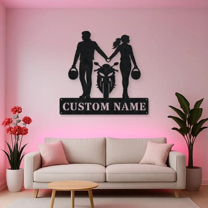 Personalized Helmet Holding Motorcycle Couple Metal Wall Art