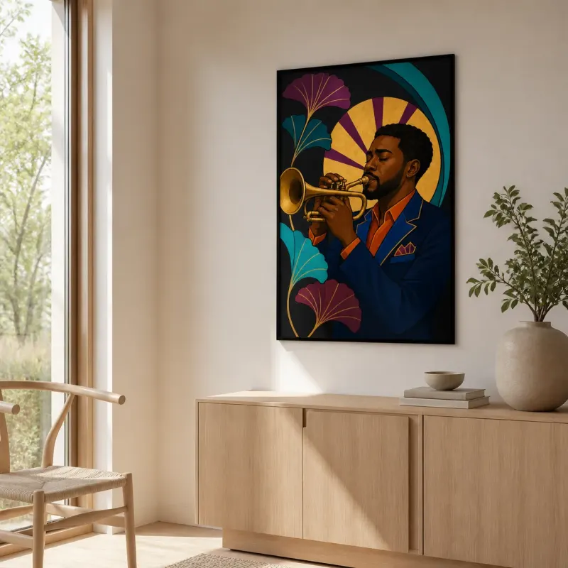 Black Jazz Trumpet Player in Art Deco Style Colorful Metal Wall Decor