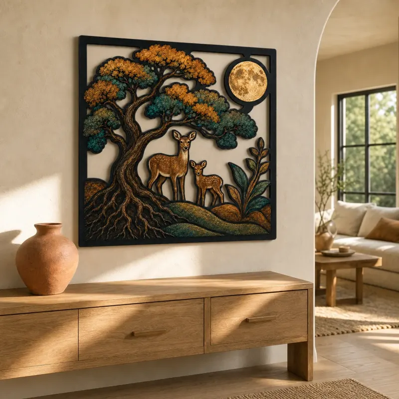 Tree of Life with Deer Family and Full Moon Colorful Metal Wall Art