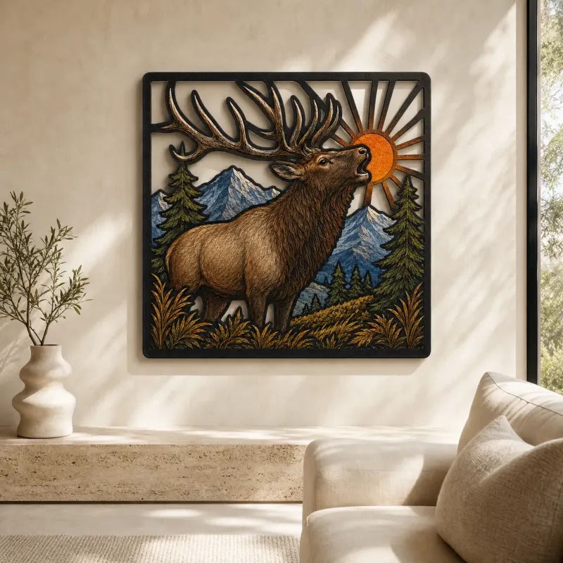 Bull Elk in Mountains beneath Radiant Sun Colorful Metal Wall Art