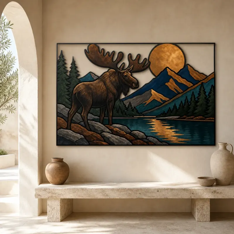 Moose beside Mountain Lake beneath Copper Moon Colorful Metal Wall Art