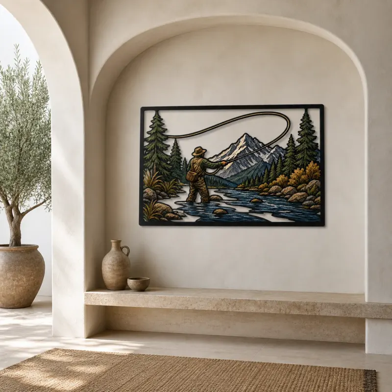 Fly Fisherman Casting in Mountain River Colorful Metal Wall Art