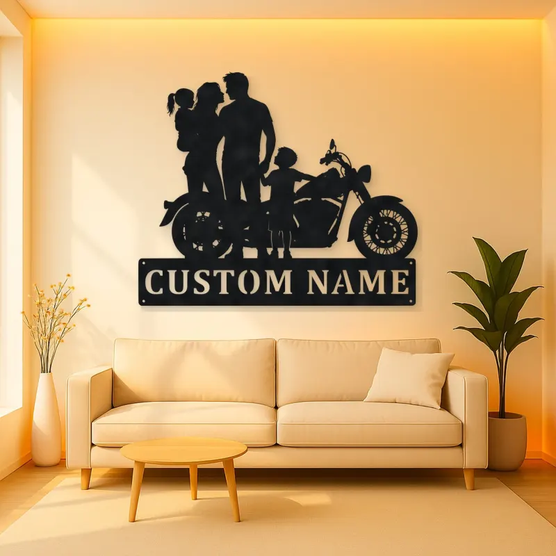 Personalized Classic Motorcycle Family with Toddler Metal Wall Art