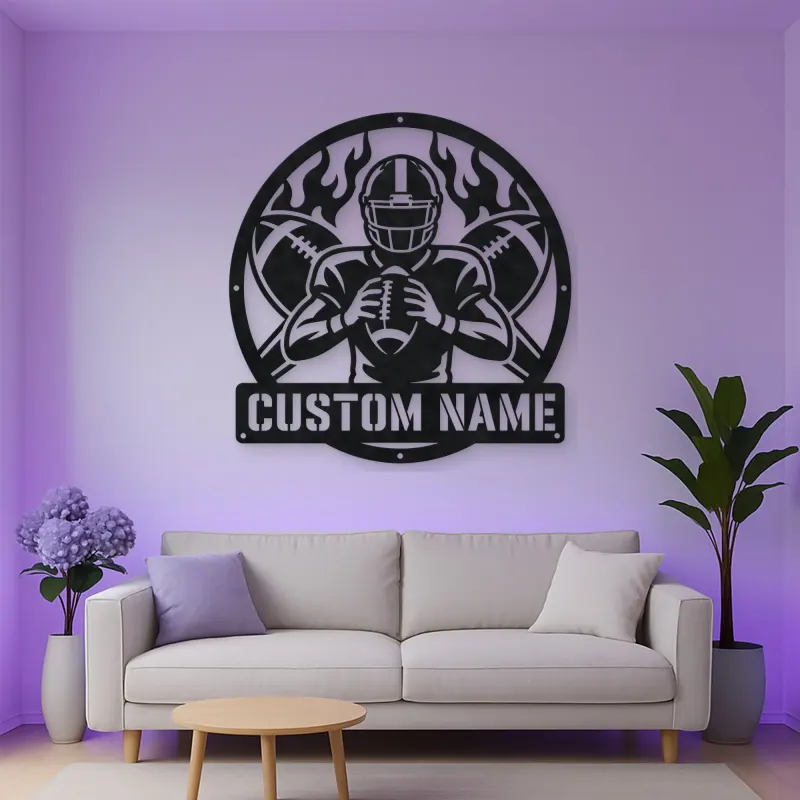 Personalized Football Player Crossed Balls Flame Metal Wall Art