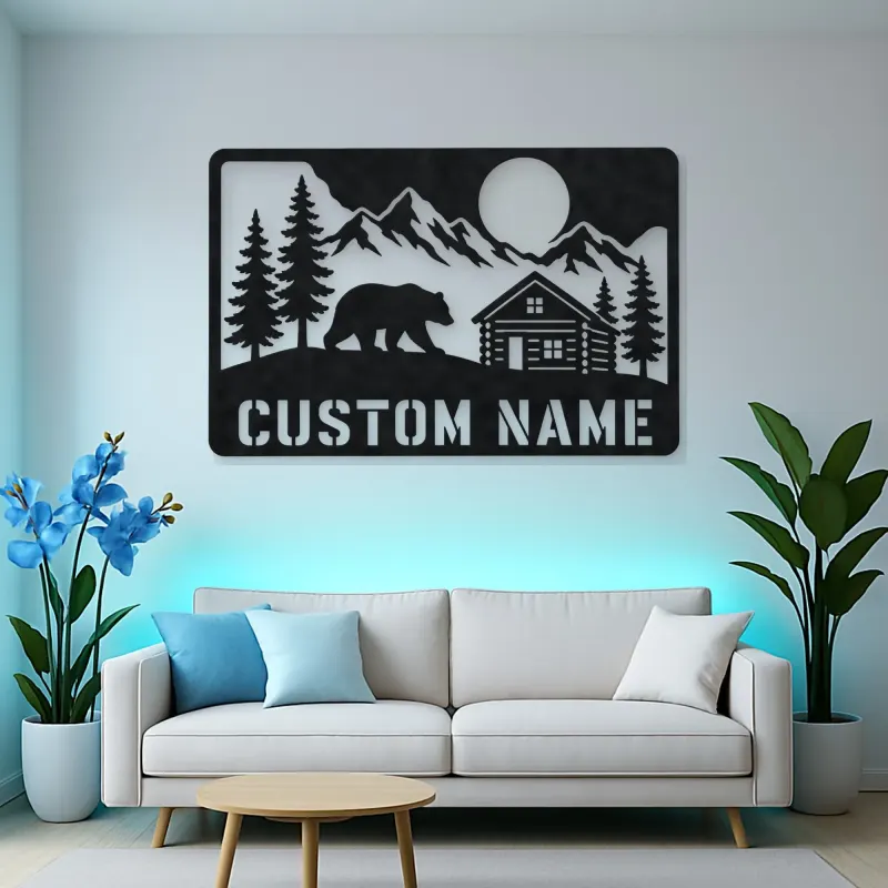 Personalized Bear and Log Cabin Metal Wall Art