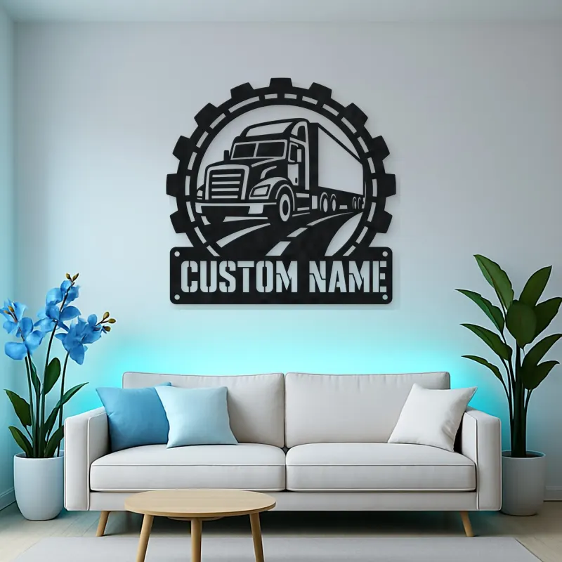 Personalized Semi Truck Metal Wall Art with Gear Frame