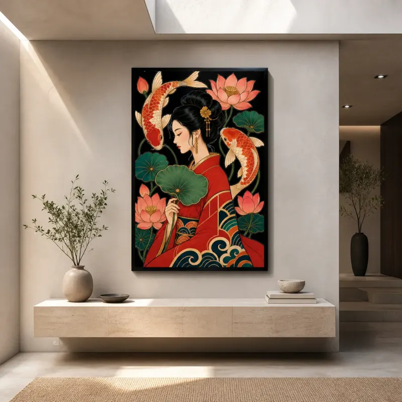 Japanese Woman with Koi Fish and Lotus Flowers Colorful Metal Wall Art