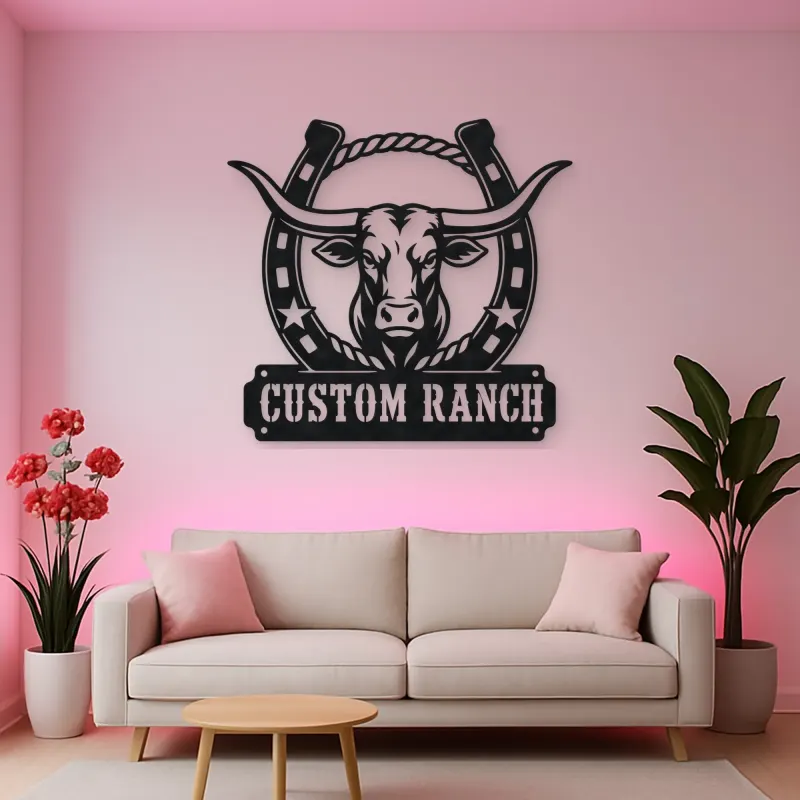 Personalized Longhorn Ranch Metal Wall Art with Horseshoe Frame