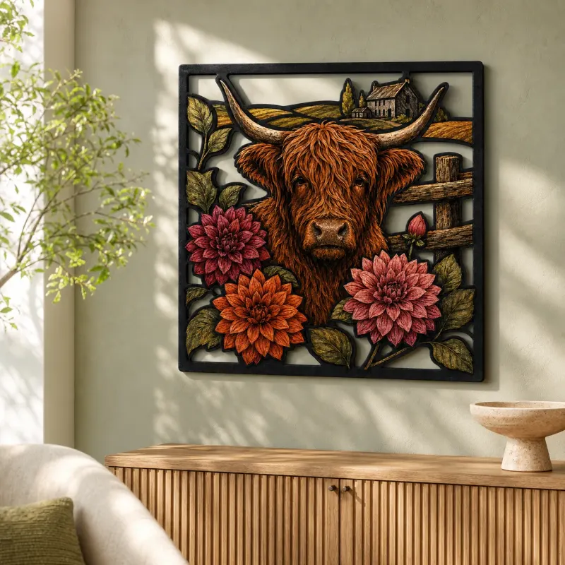 Highland Cow with Dahlias and Rustic Fence Colorful Metal Wall Art