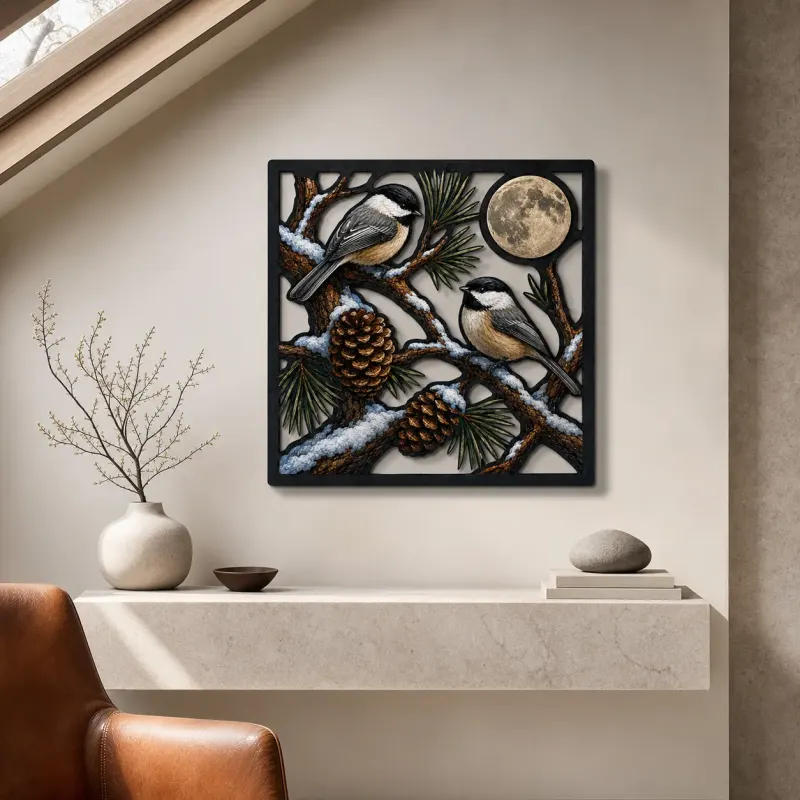 Chickadee Pair on Snowy Pine beneath Full Moon Colorful Metal Wall Art