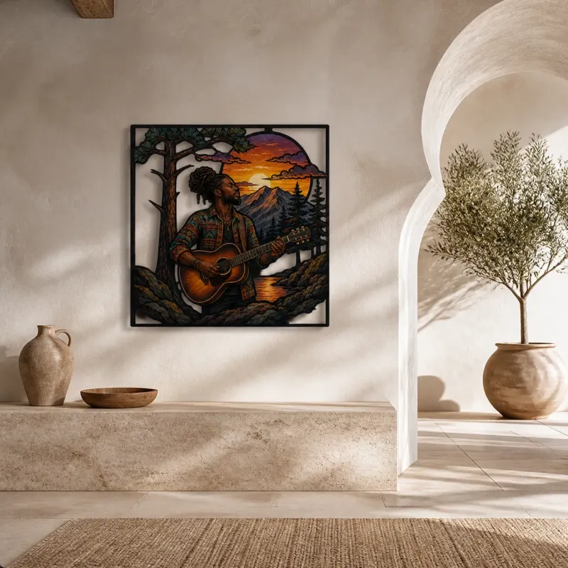 Acoustic Guitarist by Mountain Lake at Sunset Colorful Metal Wall Art