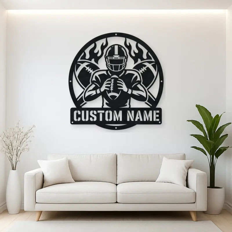 Personalized Football Player Crossed Balls Flame Metal Wall Art
