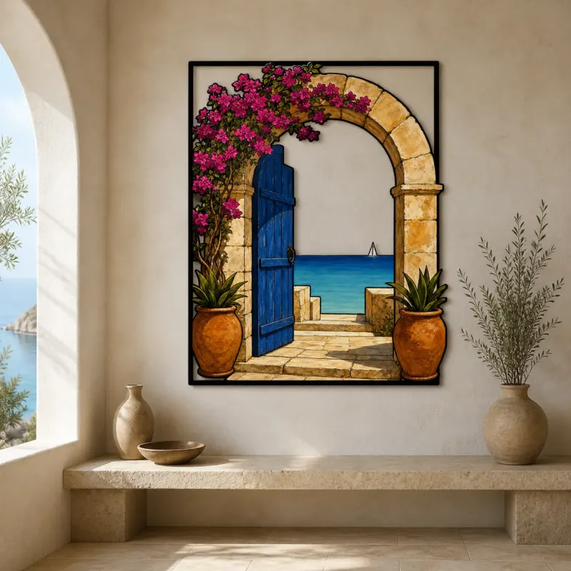 Blue Mediterranean Door with Bougainvillea and Sea Colorful Metal Wall Art