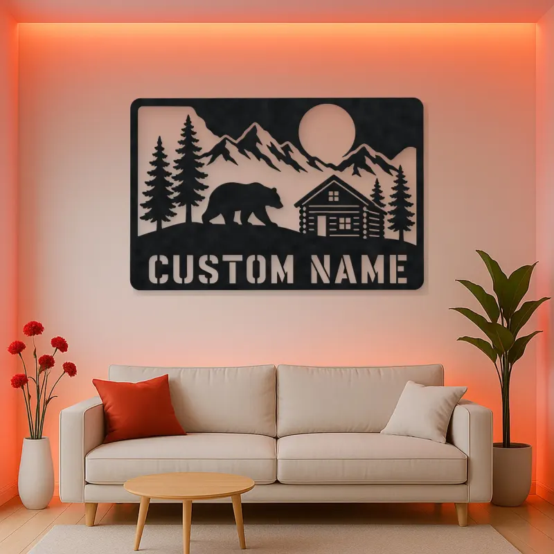 Personalized Bear and Log Cabin Metal Wall Art