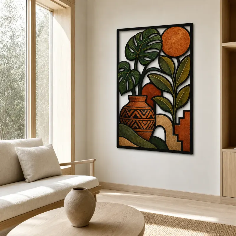 Mid Century Monstera Plants in Patterned Pot Colorful Metal Wall Art