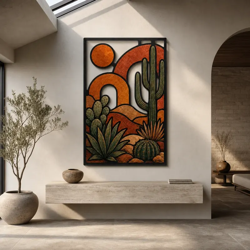 Mid Century Desert Cactus with Abstract Sun Colorful Metal Wall Art