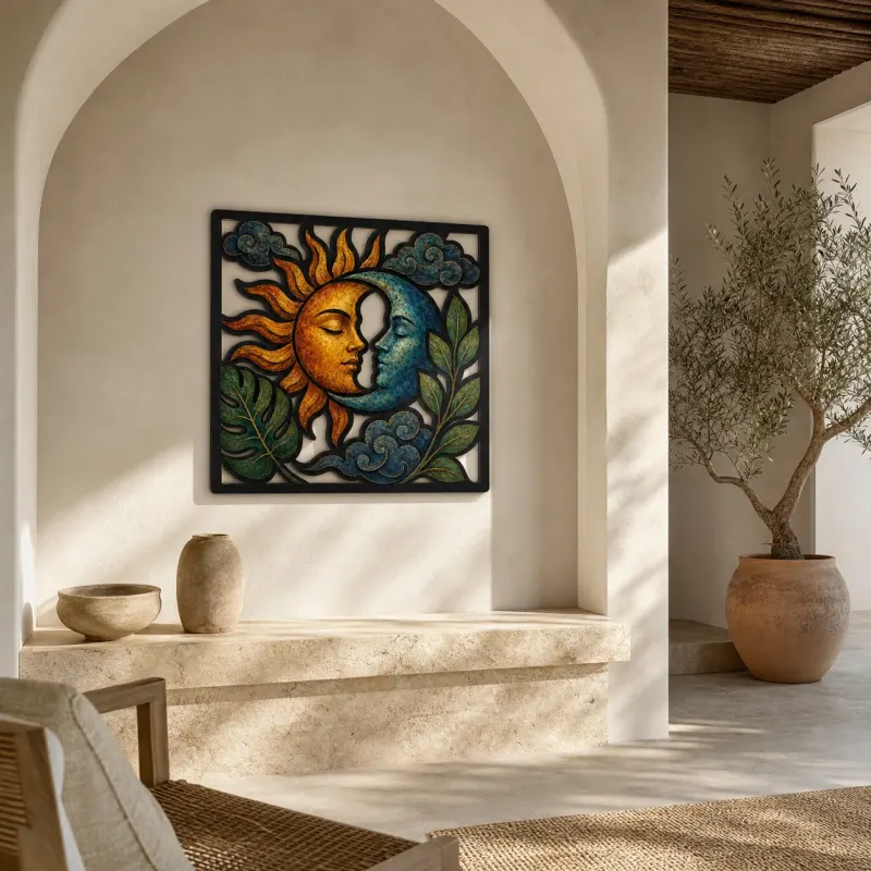 Sun and Moon Faces with Tropical Leaves Colorful Metal Wall Art