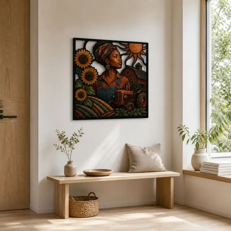 Black Woman Farmer with Tractor and Sunflowers Colorful Metal Wall Art