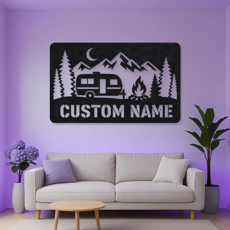 Personalized Travel Trailer Metal Wall Art with Campfire