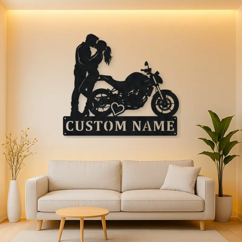 Personalized Kissing Couple Motorcycle Metal Wall Art with Heart