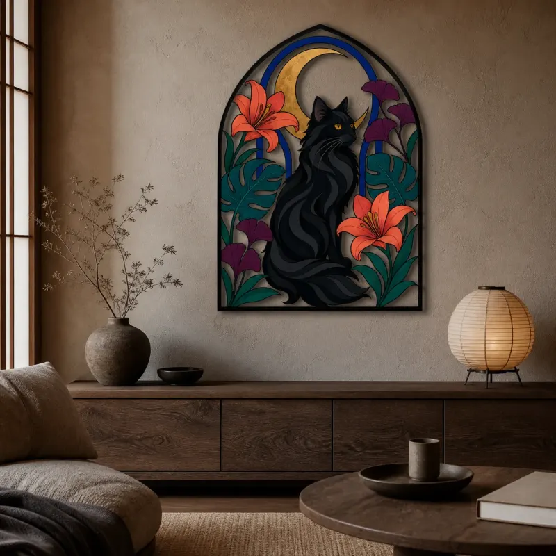 Black Cat with Tropical Flowers and Crescent Moon Colorful Metal Wall Art