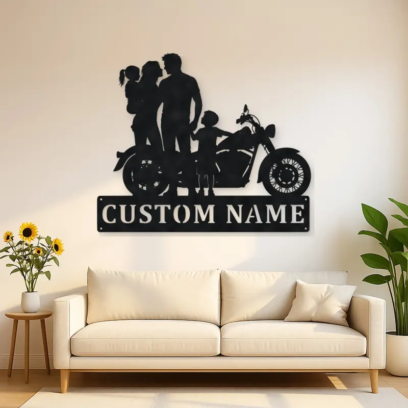 Personalized Classic Motorcycle Family with Toddler Metal Wall Art