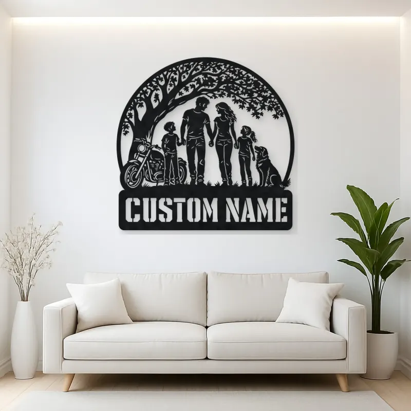 Personalized Family of Four Dog and Motorcycle Metal Wall Art
