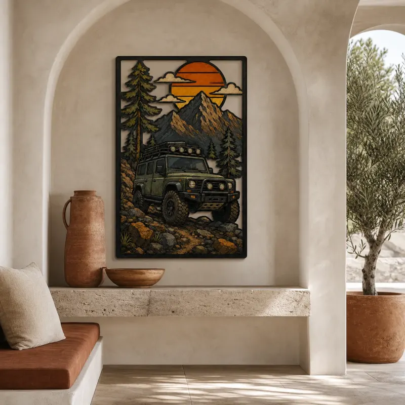 Classic Off Road Truck in Mountain Forest Colorful Metal Wall Art