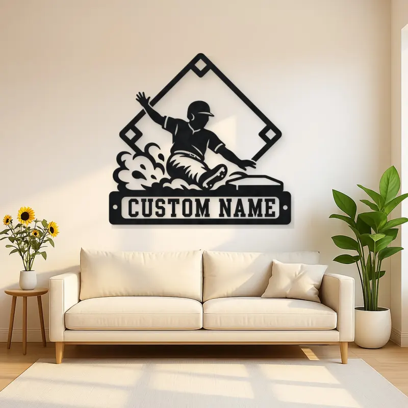 Personalized Baseball Player Sliding Home Metal Wall Art