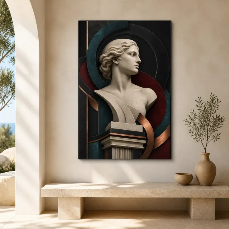 Classical Marble Bust in Abstract Art Deco Frame Colorful Metal Wall Decor