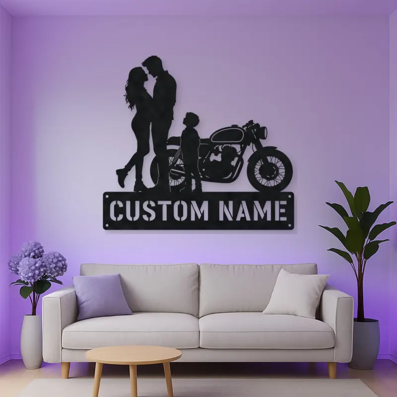 Personalized Cafe Racer Family of Three Metal Wall Art