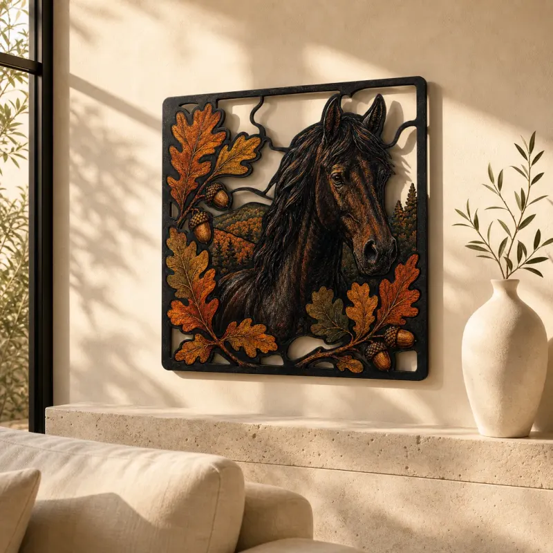 Black Horse with Autumn Oak Leaves Colorful Metal Wall Art