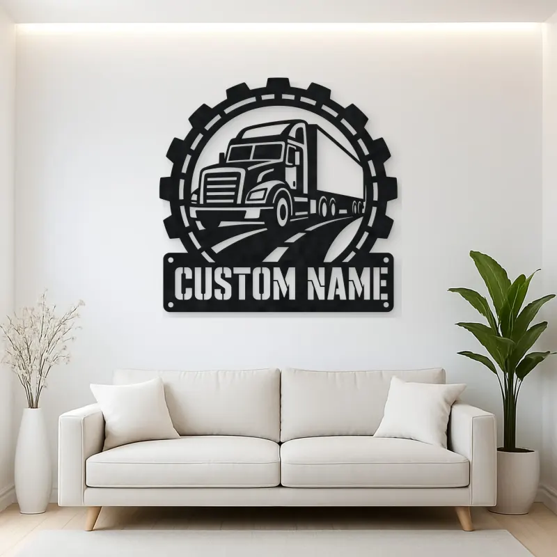 Personalized Semi Truck Metal Wall Art with Gear Frame