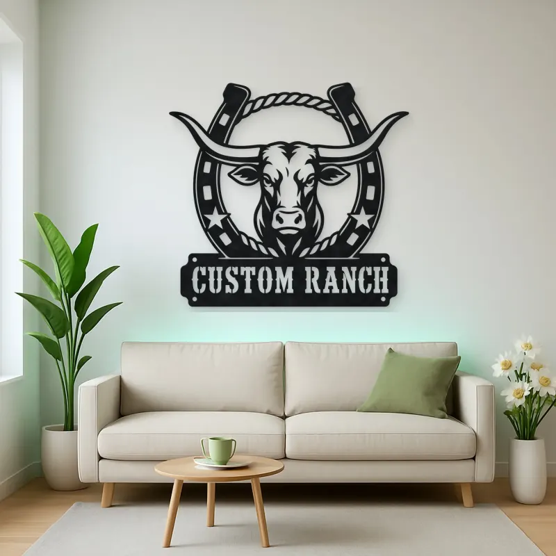 Personalized Longhorn Ranch Metal Wall Art with Horseshoe Frame