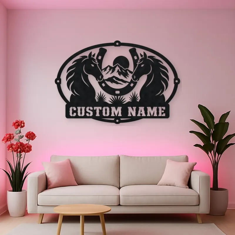 Personalized Two Horse Metal Wall Art with Horseshoe Frame